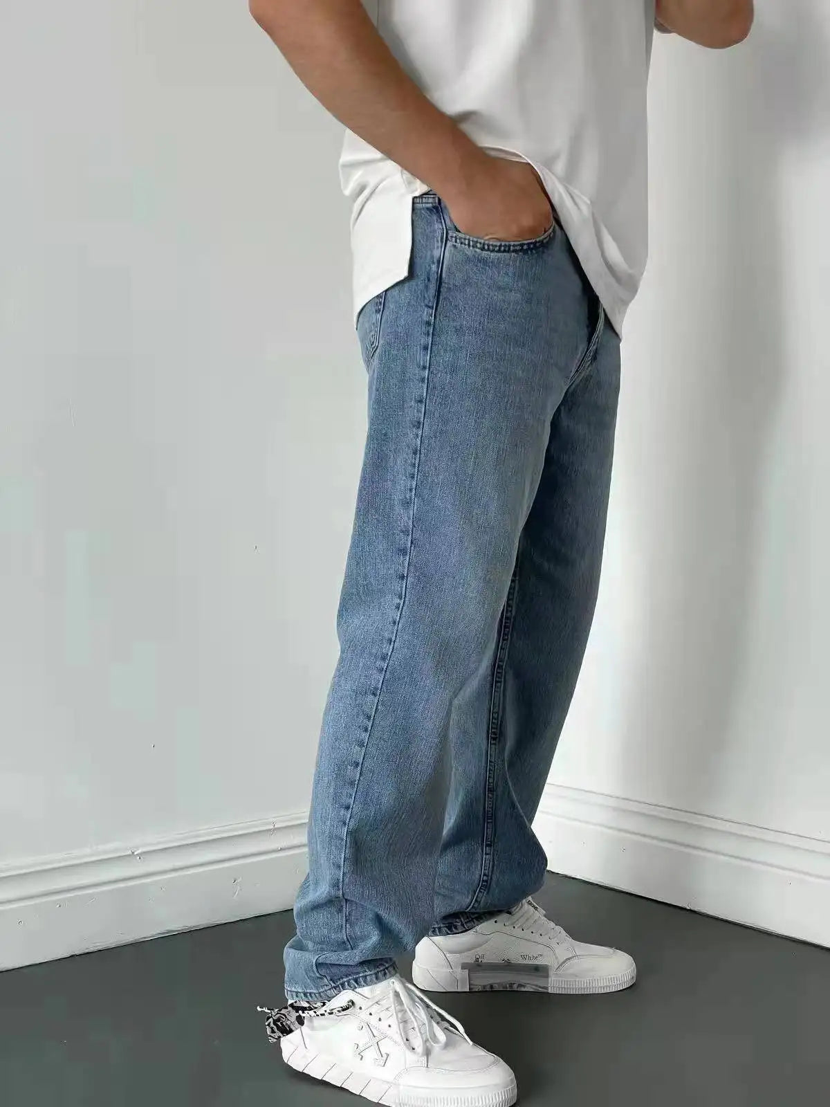 Men Comfortable Straight Casual Jeans Male Soft Baggy Outside Denim Pants Classic Elastic Waist Solid Office Work Denim Trousers - trendingshoping.com