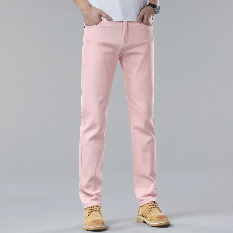 White Jeans Mens Fashion Straight Elastic Cotton Denim Pants Spring Autumn Business Casual Trousers