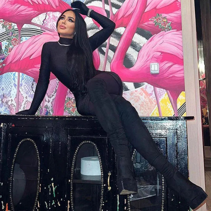 Women’s Solid Long Sleeve Bodycon Mini Dress with Gloves Half Turtleneck Party Y2K