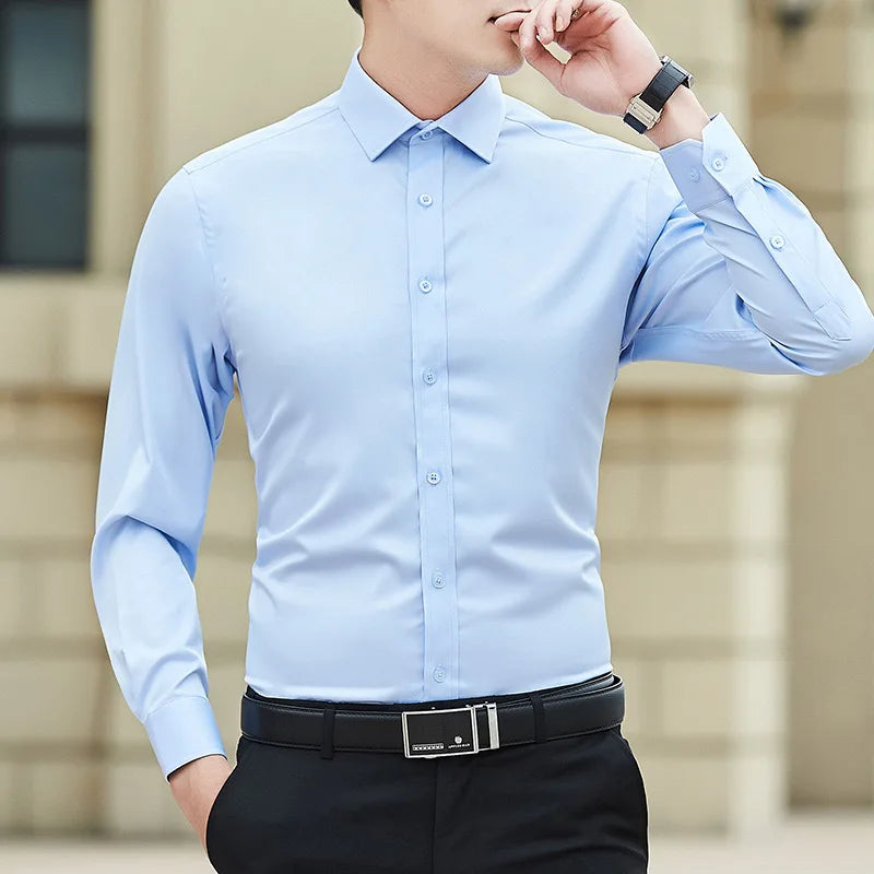 Men’s Solid Color Slim Fit Long Sleeve Business Casual Formal Shirt No Iron