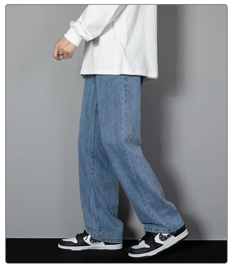 2025 New Korean Men's Casual Long Jeans Classic Man Straight Denim Wide-leg Pants Solid Color Light Blue Grey Black
