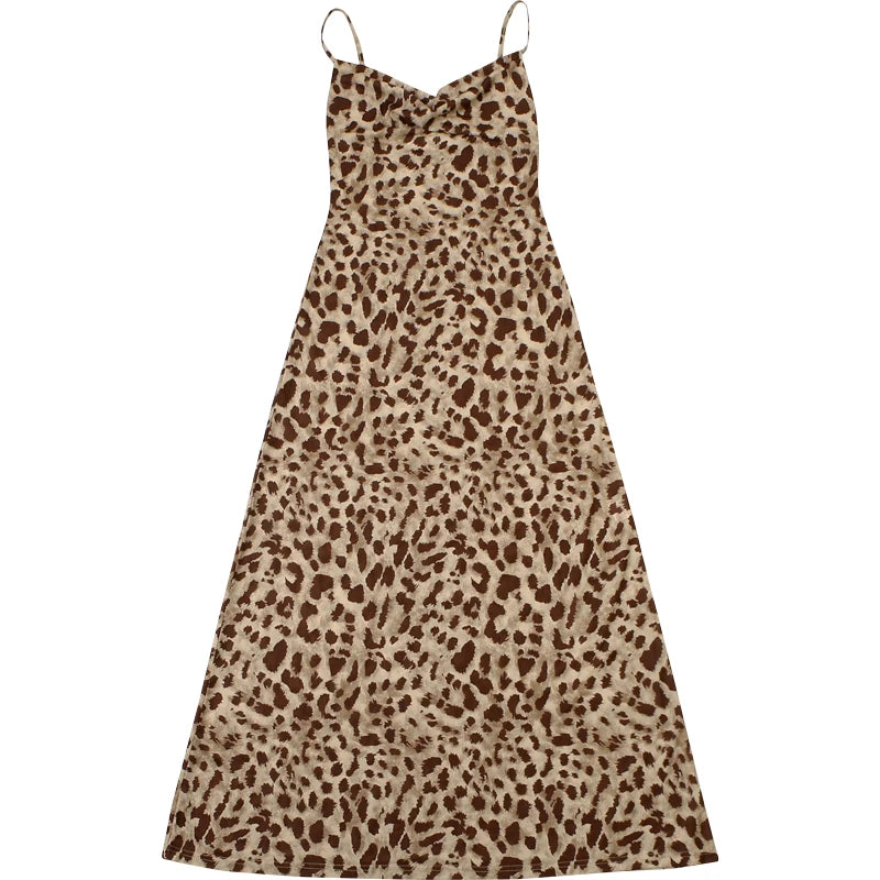 Weird Puss Leopard Print Dress Woman Summer Sexy Swing Collar Spaghetti Straps Backless Ruffles Party Clubwear Skinny Vestidos