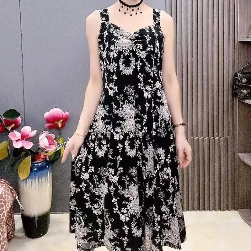 Women’s Vintage Floral V-Neck Slip Midi Dress – Summer Casual A-Line Waist Elegant Fashion