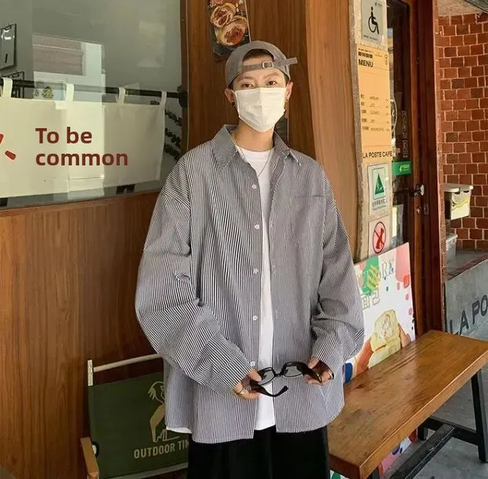 Casual Oxford Cloth Long Sleeve Shirt Men's Spring Summer New Style Hong Kong Style Japanese Stripe Thin Casual Workwear Jacket