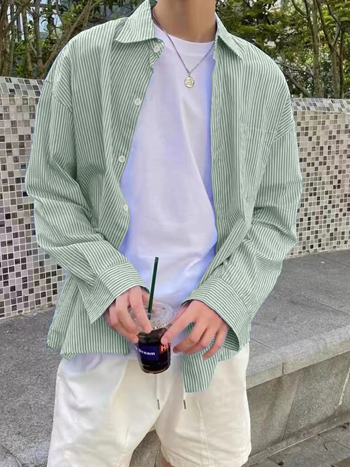 Men's Slim Fit Striped Long-Sleeve Shirt - Korean Style Casual Button-Down