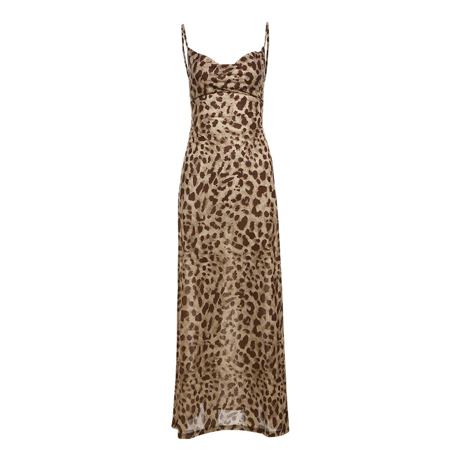 Weird Puss Leopard Print Dress Woman Summer Sexy Swing Collar Spaghetti Straps Backless Ruffles Party Clubwear Skinny Vestidos
