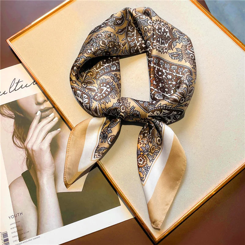 New Paisley Houndstooth Printed Square Scarf Coffee Color Thin Smooth Neck Scarf Vintage Style Sunscreen Headscarf For Women