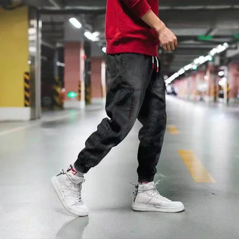 Mens Black Elastic Waist Baggy Harem Jogger Jeans Ankle Band Cargo Pants