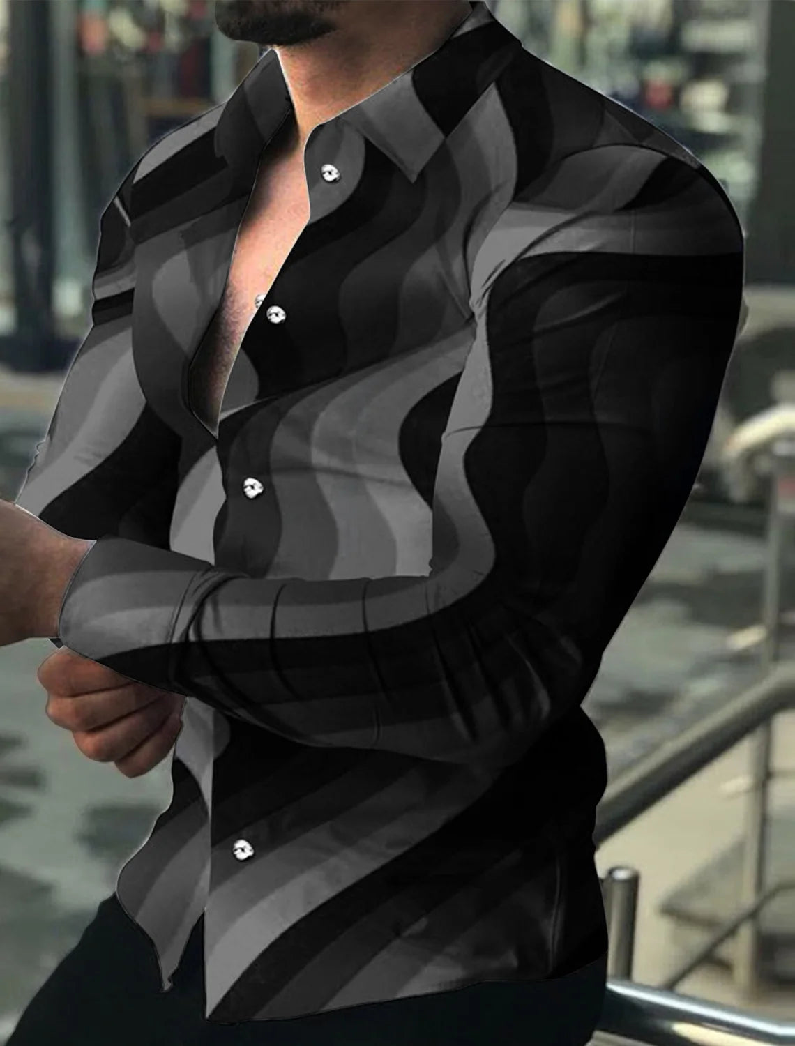 Men's Long Sleeve Shirt – Autumn & Winter Daily Tops, 3D Print Simple Lines, Fashion All-Match Shirt