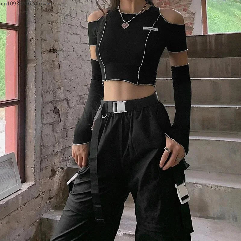 Patchwork Black T-shirts Gothic One Shoulder Sleeve Y2k Crop Tops Ruffles Hem Hip Hop Techwear Women Tees 2025