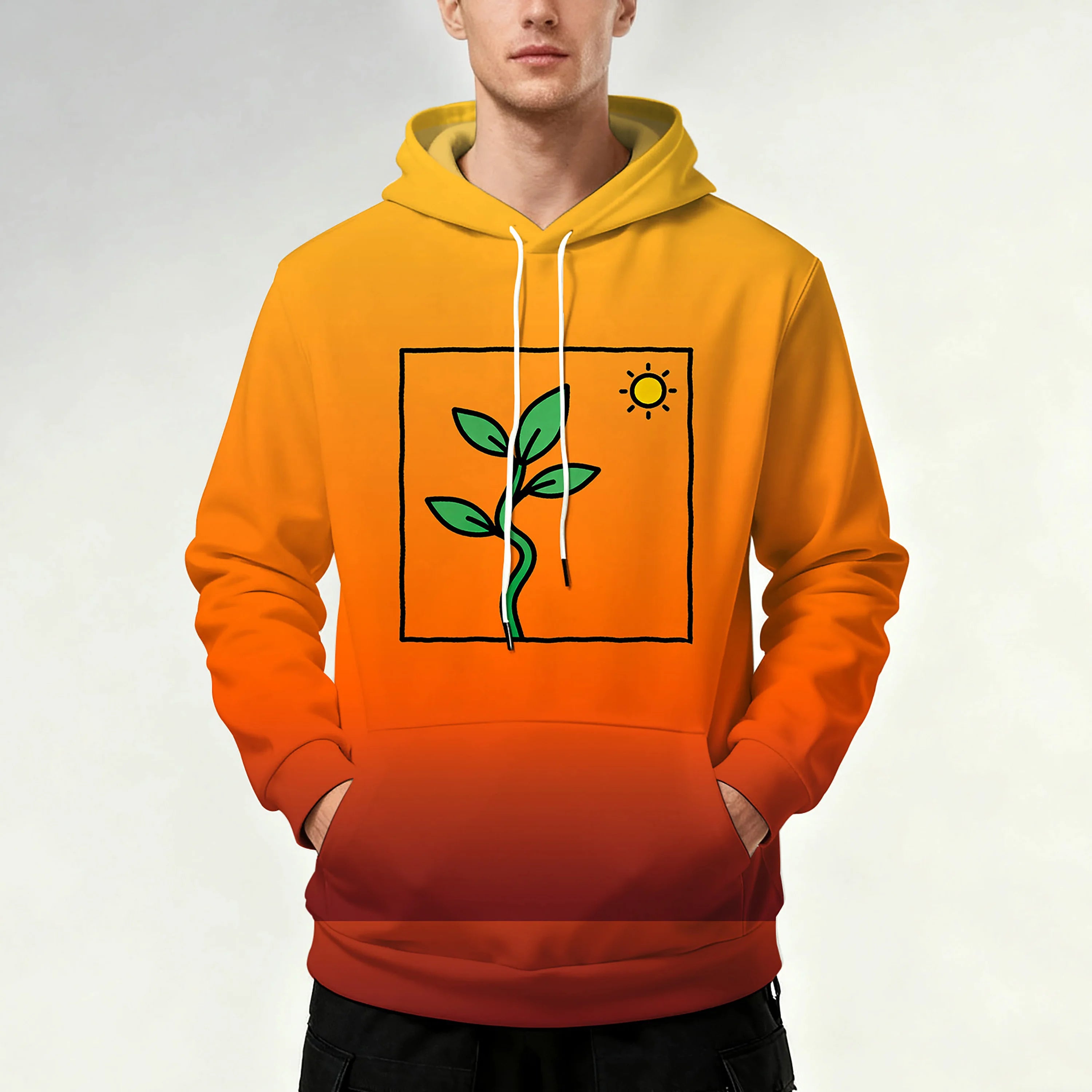 Men's hooded sweatshirt with drawstring pockets, sporty and stylish design with leaf pattern.