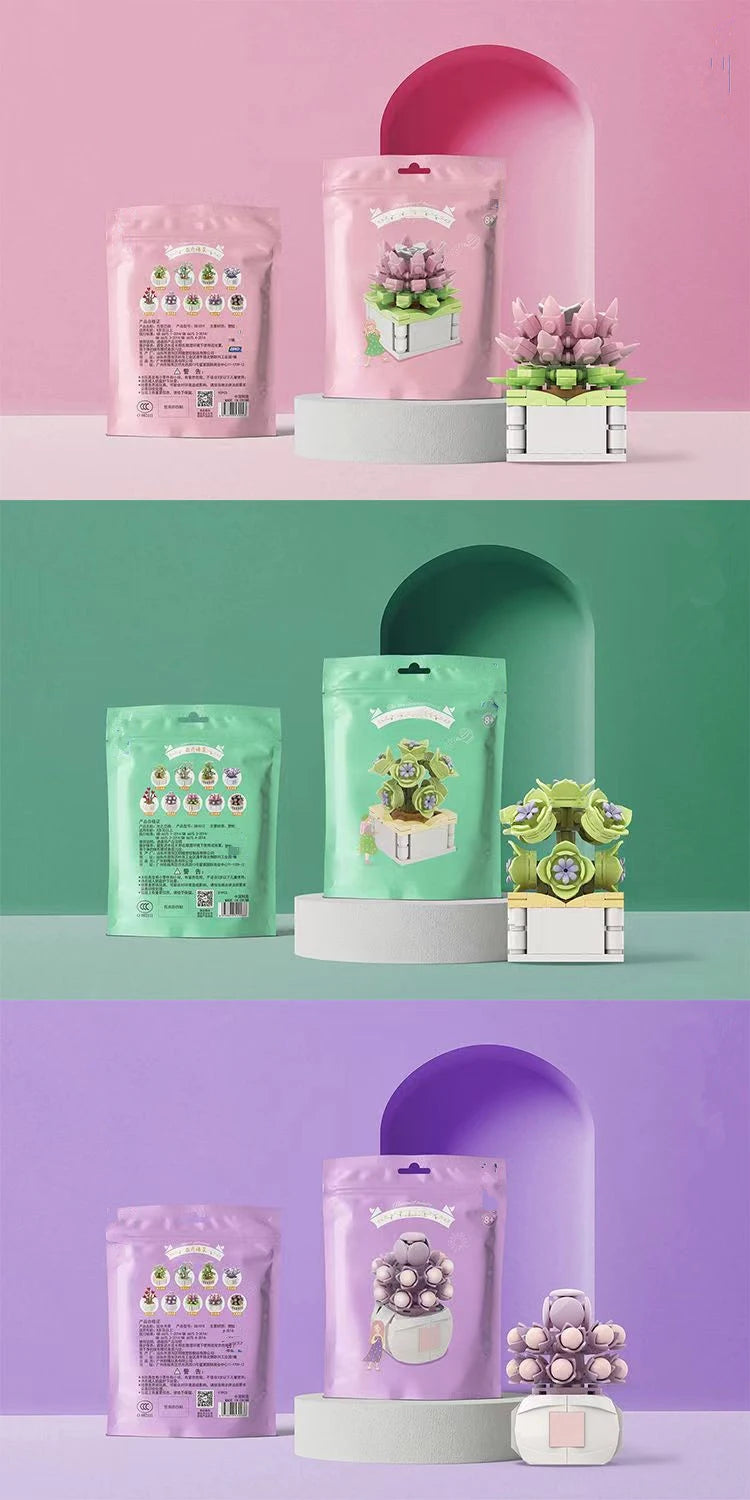 Bouquet Moc Block Flower Succulents Bonsai Potted Building Blocks Romantic Kit Assembly Bricks Toys For Kids Girl Christmas Gift - trendingshoping.com