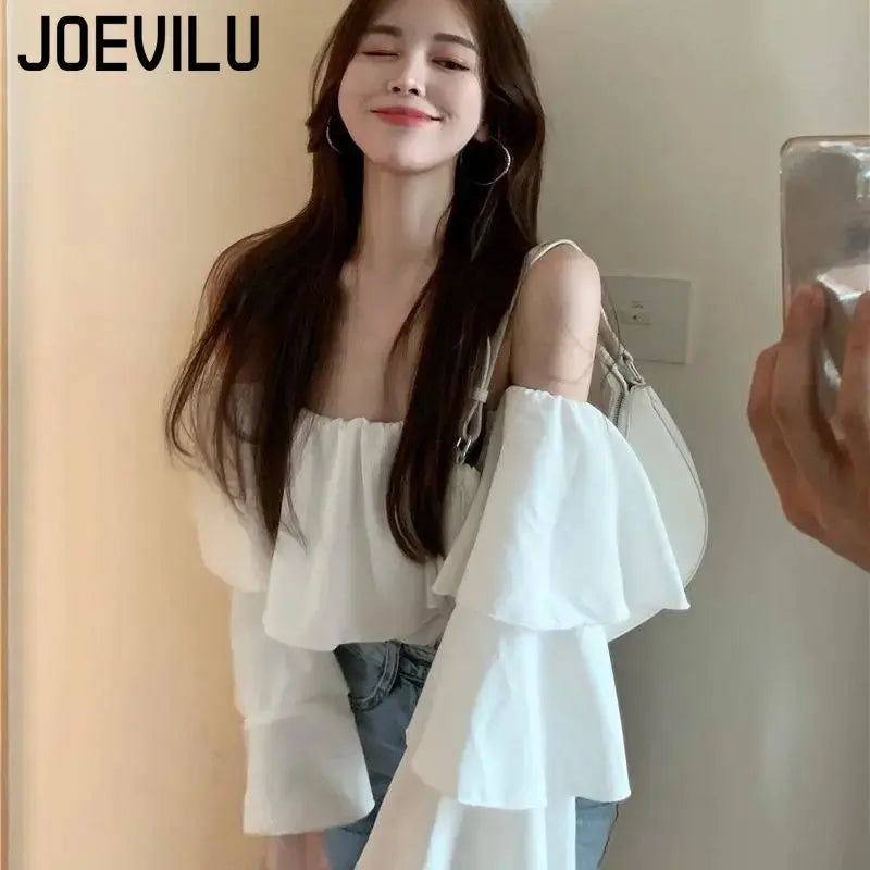 Korean Style Off Shoulder Chiffon Ruffle Blouse Women’s White Casual Top