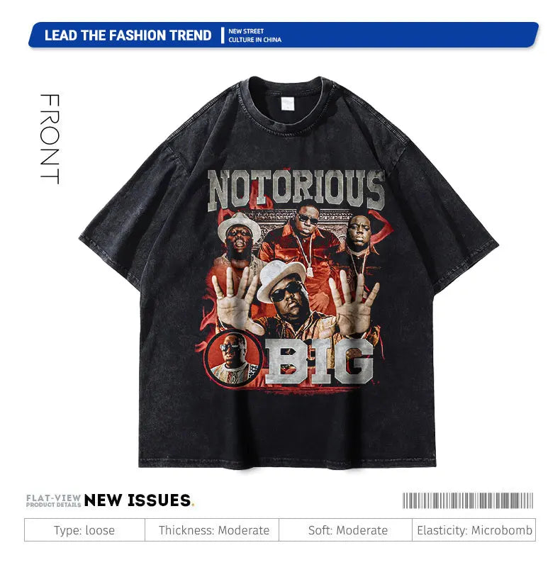 Biggie T Shirts Vintage Washed Hip Hop Rapper Singer Harajuku T-shirt Oversized DTG Y2K Short Sleeve Tops Tees Men 100% Cotton