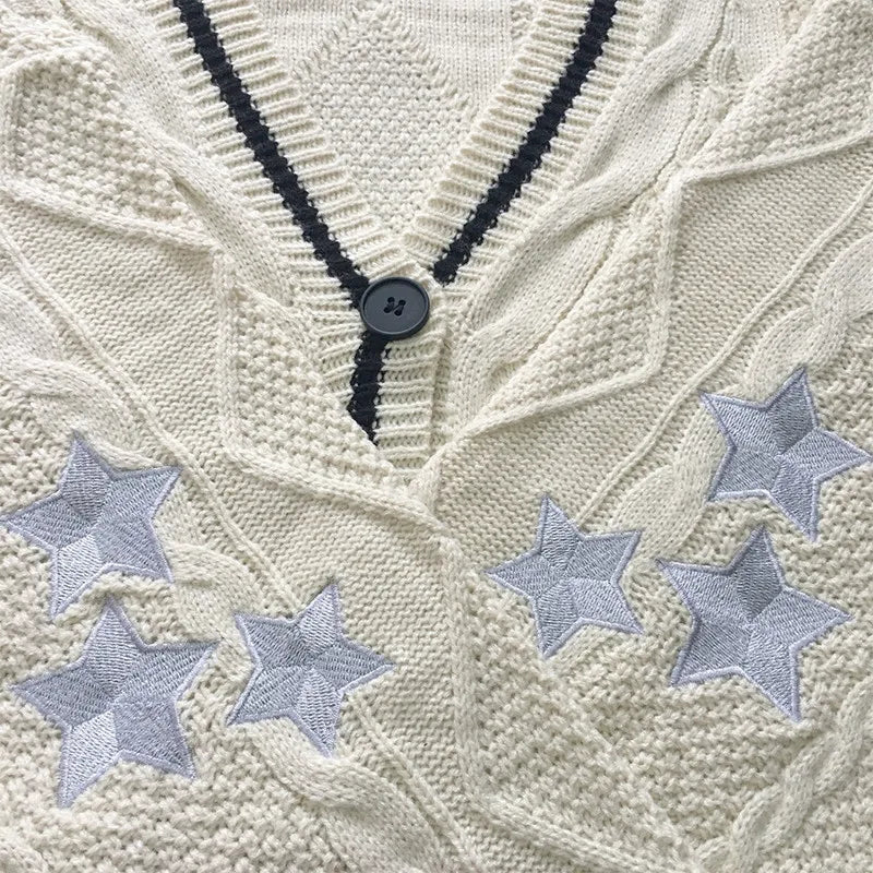 Knit Print Winter Cardigan Sweater Chic Vintage Star Preppy Long Sleeve Autumn V Neck Aesthetic Retro Single Breasted Sweaters - trendingshoping.com