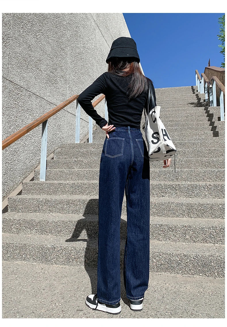 Jielur Dark Blue High Waist Washed Straight Wide Leg Womens Jeans Solid Color
