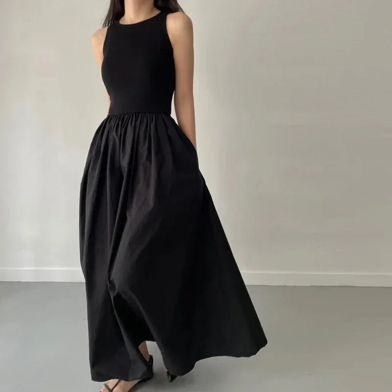 Women Black Long Dress Sleeveless Round Neck Elegant Style