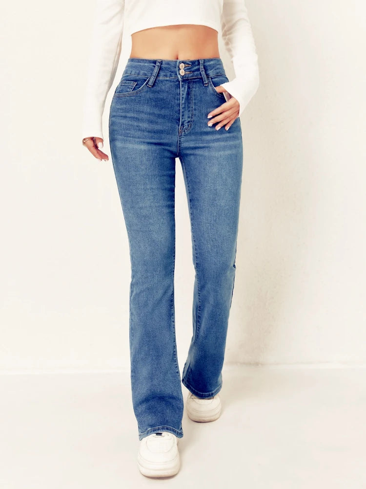 2026 Women's Jeans High Waisted Double Button Elastic Slightly Flared American Style Casual Versatile Washed Denim Trousers