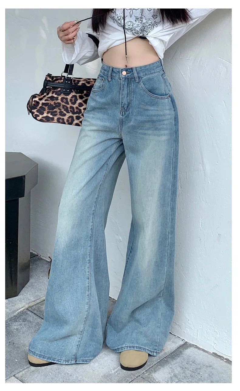 Womens Jeans Denim Pants 2025 Euramerican High Waist Girl Style Colorful Straight Leg Wide Leg Trousers
