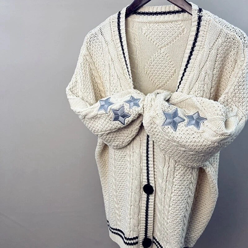 Knit Print Winter Cardigan Sweater Chic Vintage Star Preppy Long Sleeve Autumn V Neck Aesthetic Retro Single Breasted Sweaters - trendingshoping.com