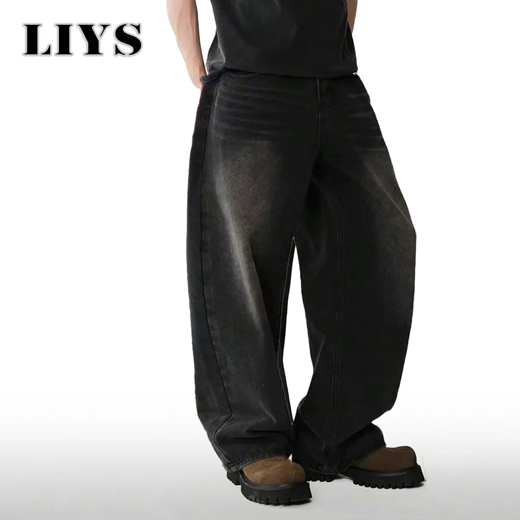 Mens Straight Loose Wide Leg Baggy Jeans Black Gray Blue Casual Pants