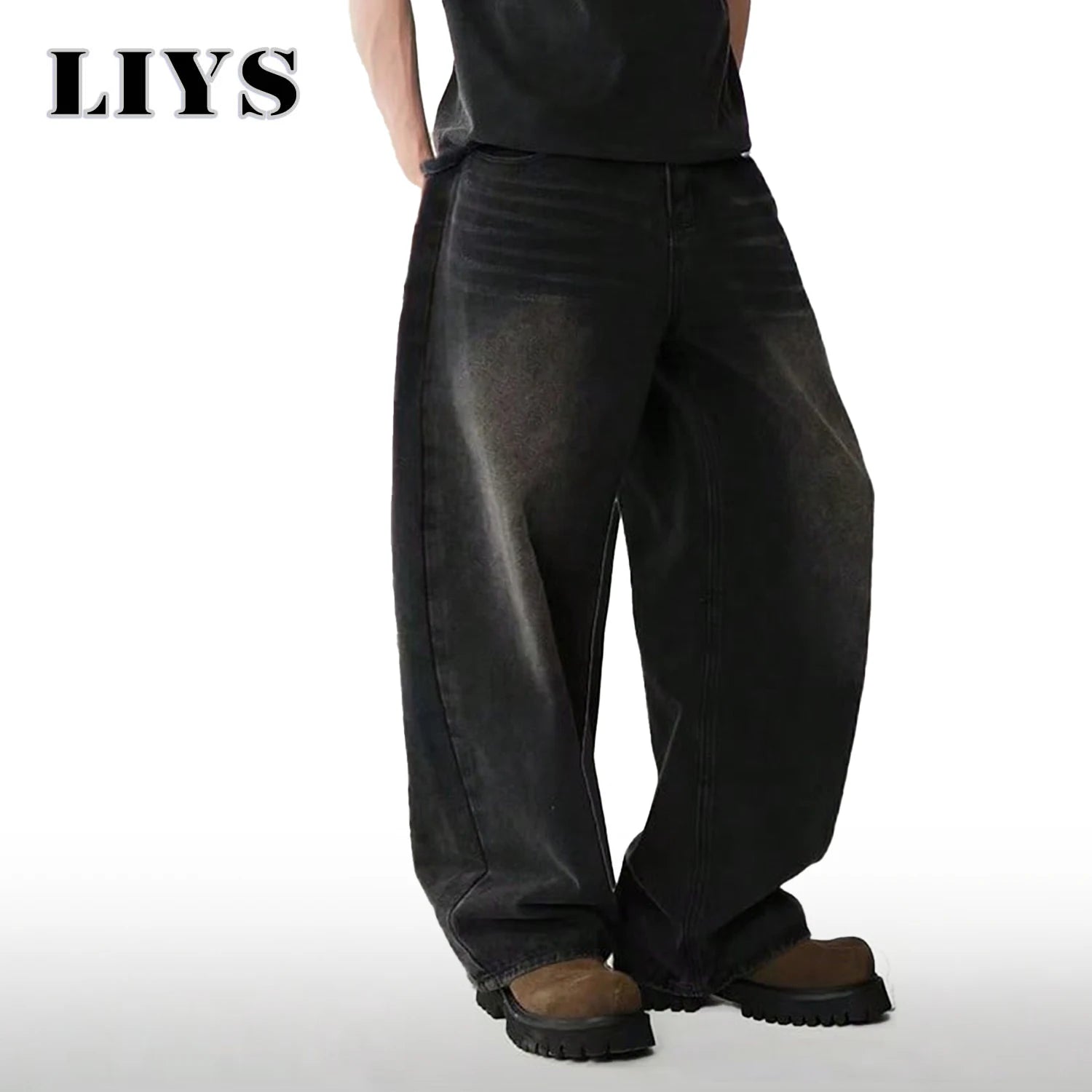 Mens Straight Loose Wide Leg Baggy Jeans Black Gray Blue Casual Pants