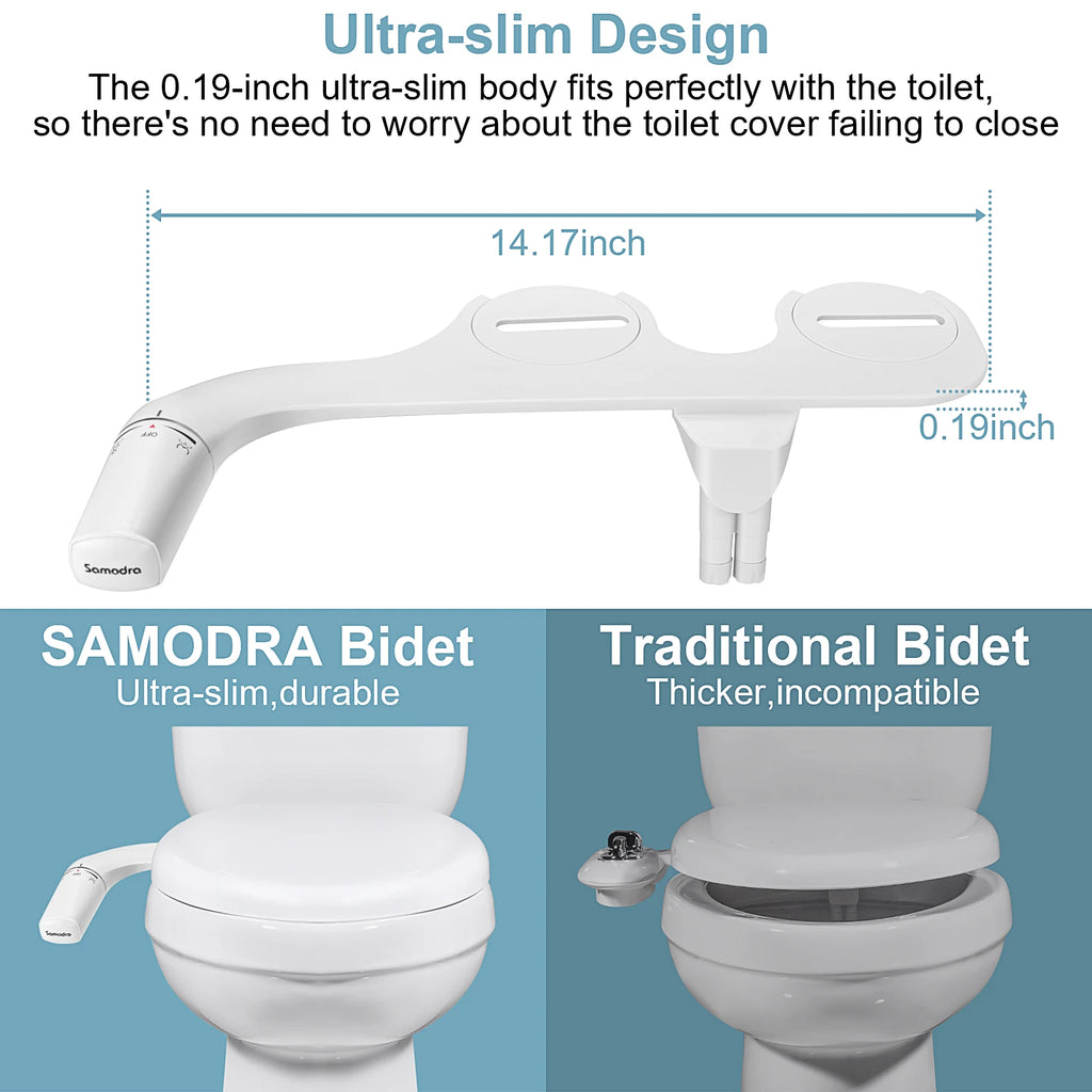 SAMODRA Ultra Slim Bidet Attachment Dual Nozzle Non Electric Toilet Seat Bidet