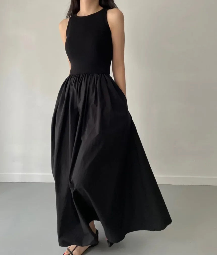 Women Black Long Dress Sleeveless Round Neck Elegant Style