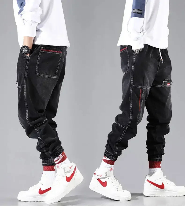 Mens Black Elastic Waist Baggy Harem Jogger Jeans Ankle Band Cargo Pants