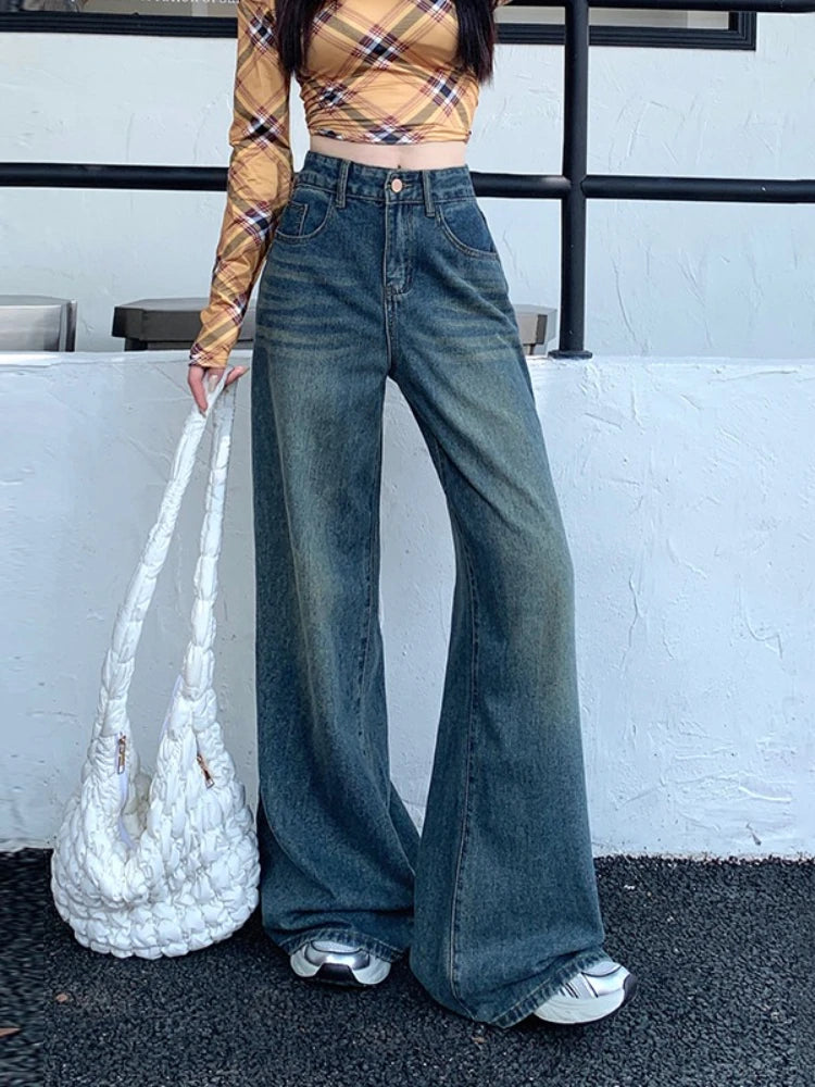 Womens Jeans Denim Pants 2025 Euramerican High Waist Girl Style Colorful Straight Leg Wide Leg Trousers