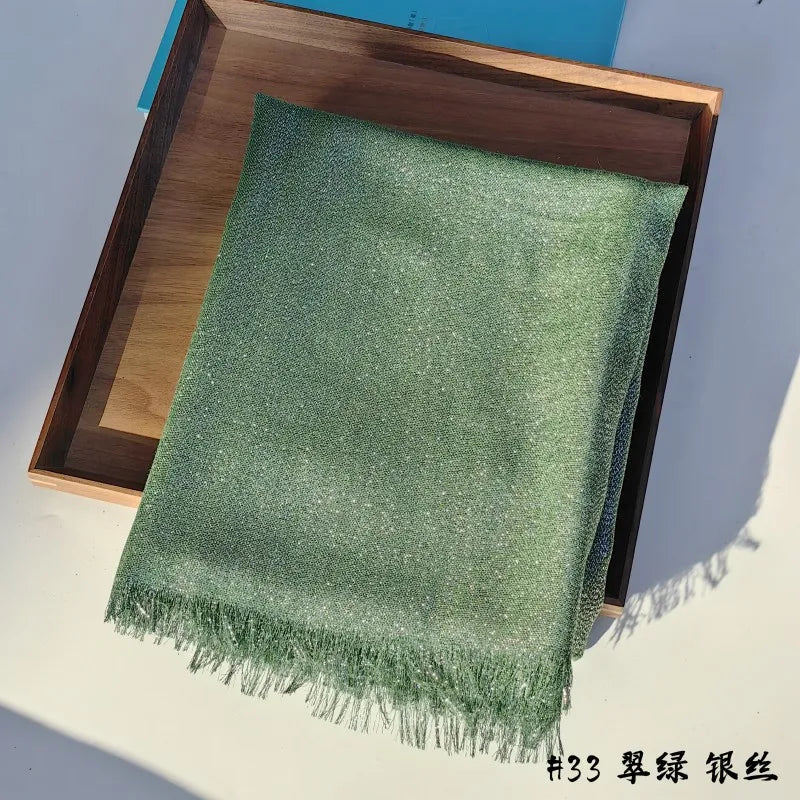 Lastest Brand Design Scarf Shiny Solid Color Shawls Rayon Fabric Gold Silk Silver Wire Head Shawl Fringe Hijab For Women