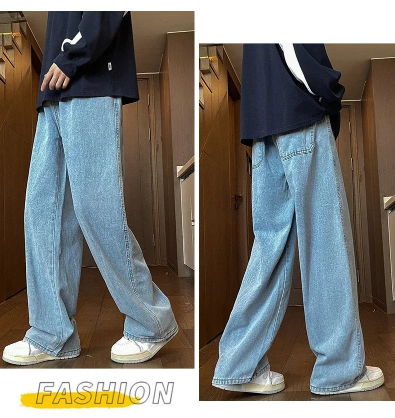 Mens Black Gray Loose Straight Wide Leg Jeans Casual Pantslue