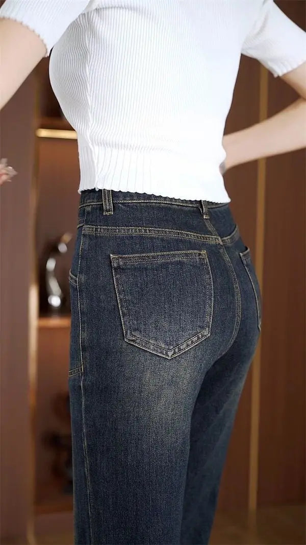 Women's Narrow Straight Leg Jeans  Fall Winter New Plush Lined Thick Korean Retro Relaxed Casual Trousers High Waist Flattering