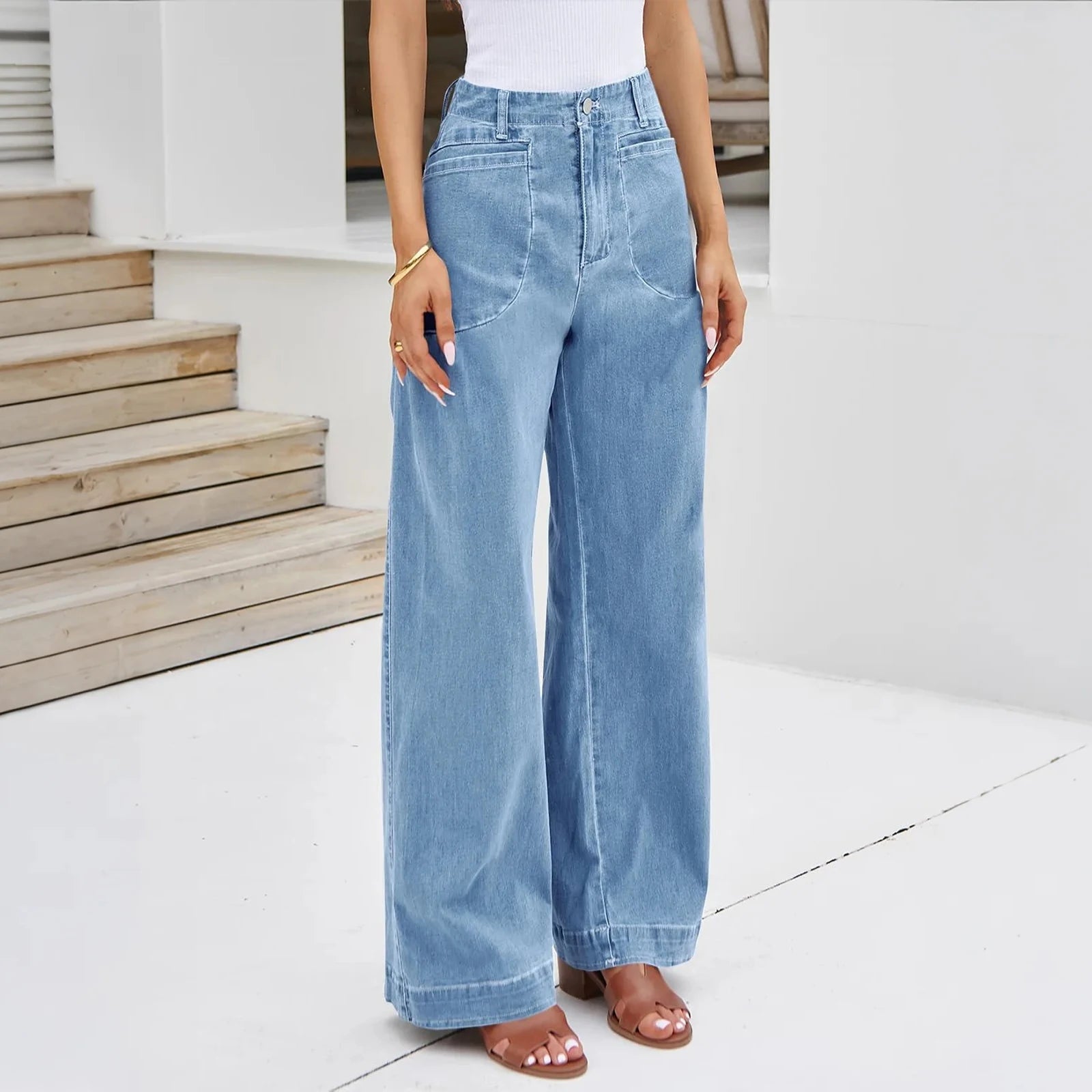 Womens High Waist Spring Wide Leg Straight Jeans Retro Style