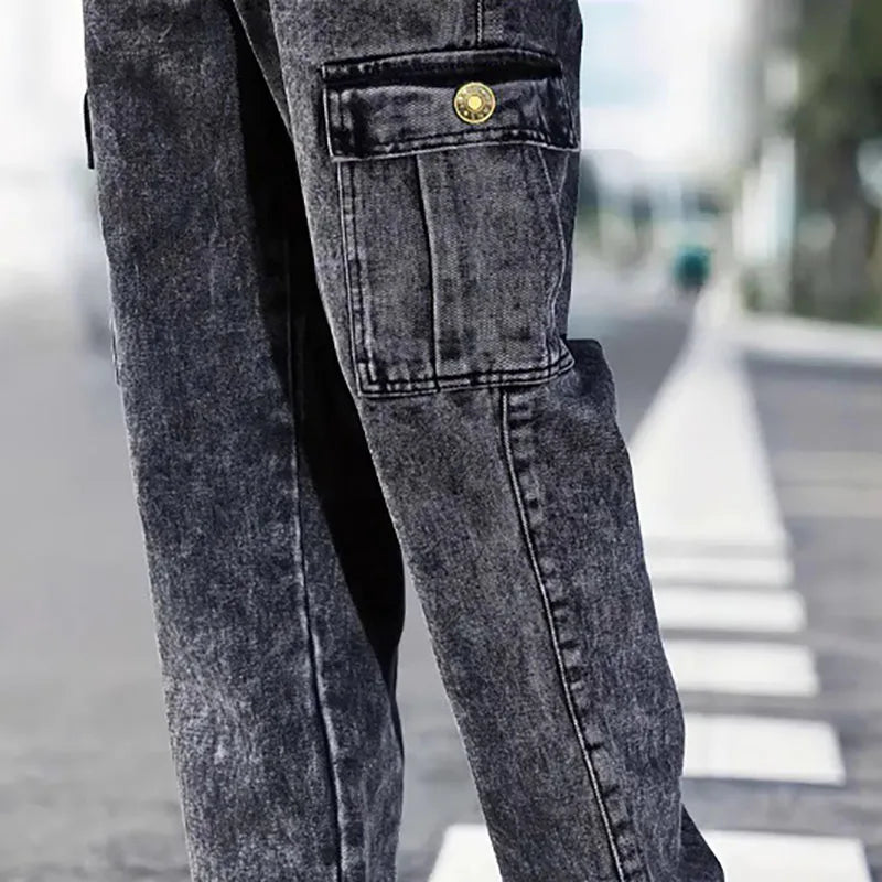Mens Loose Straight Leg Jeans Large Pocket Casual Work Pants