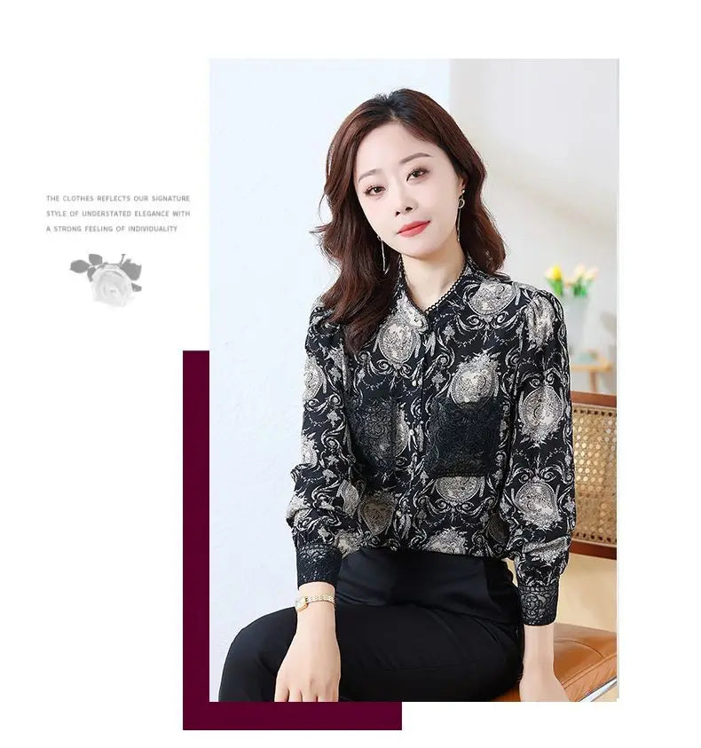 Women's Printed Satin Shirt - Slim Fit Long Sleeve Blouse for Spring & Autumn, Office Wear