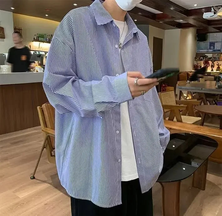 Casual Oxford Cloth Long Sleeve Shirt Men's Spring Summer New Style Hong Kong Style Japanese Stripe Thin Casual Workwear Jacket