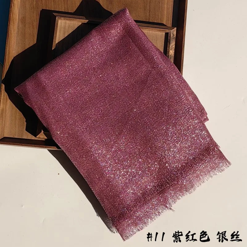 Lastest Brand Design Scarf Shiny Solid Color Shawls Rayon Fabric Gold Silk Silver Wire Head Shawl Fringe Hijab For Women