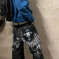 Mens Embroidered Hip Hop Wide Leg Y2K Mid Waist Gothic Retro Fashion Trousers