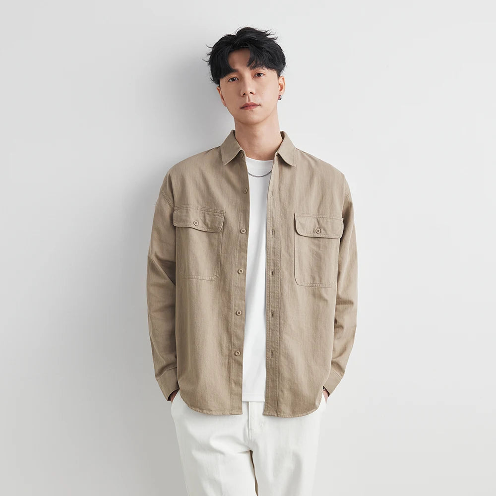 Men's Workwear Shirt – 100% Cotton Long Sleeve Vintage Style with Pockets, 2025 Spring & Autumn Casual Jacket Top