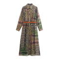 European And American Style Foreign Trade New Sweet And Western Style Dress With Belt And Metal Color Line Printed Dress
