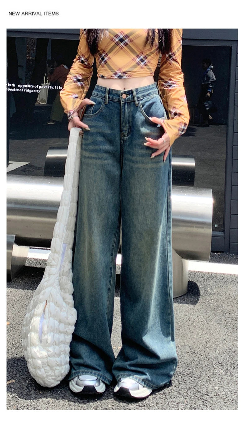 Womens Jeans Denim Pants 2025 Euramerican High Waist Girl Style Colorful Straight Leg Wide Leg Trousers