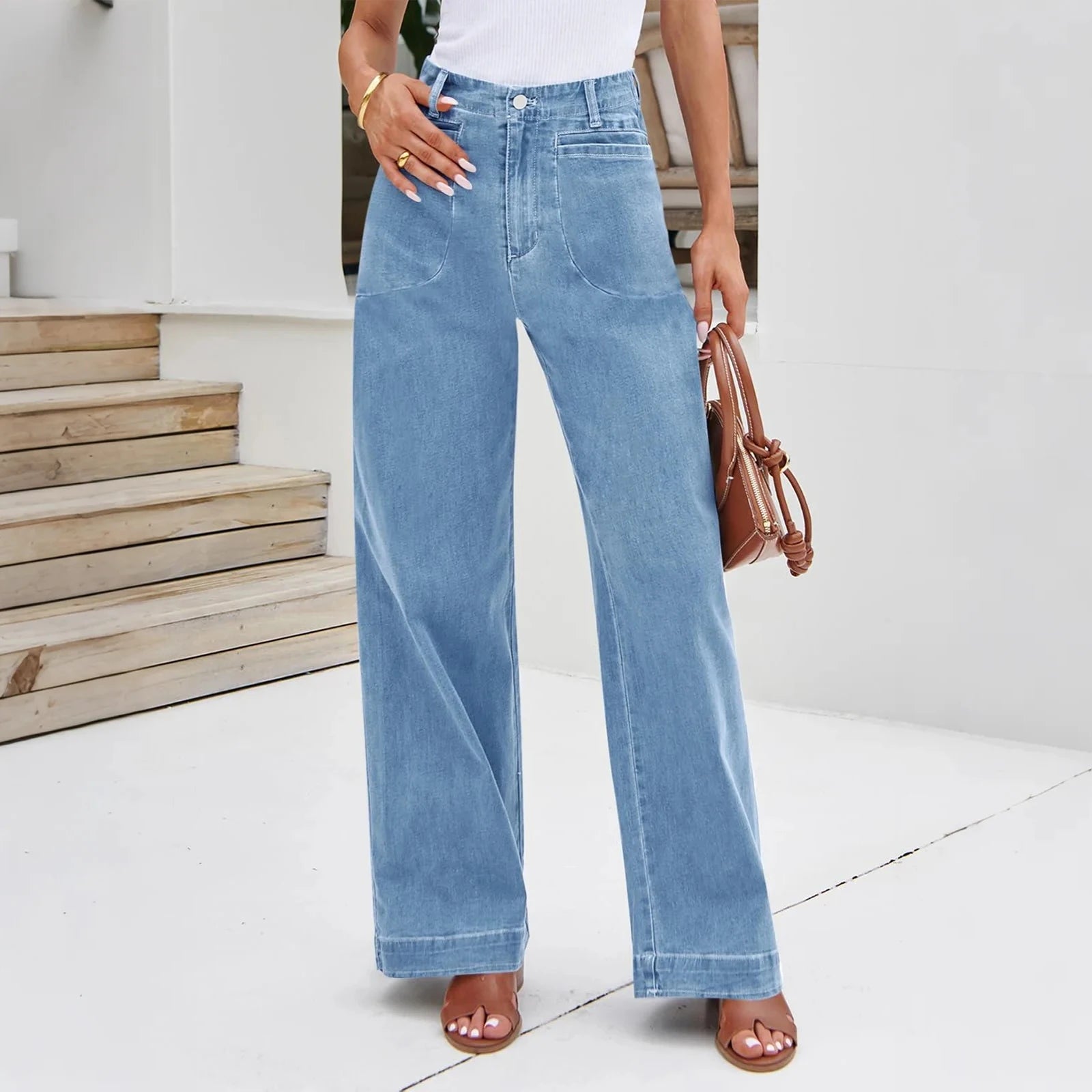 Womens High Waist Spring Wide Leg Straight Jeans Retro Style