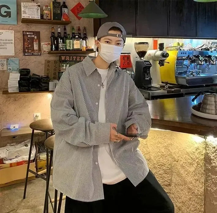 Men's Long Sleeve Oxford Cloth Shirt - Casual Striped Workwear Jacket Style