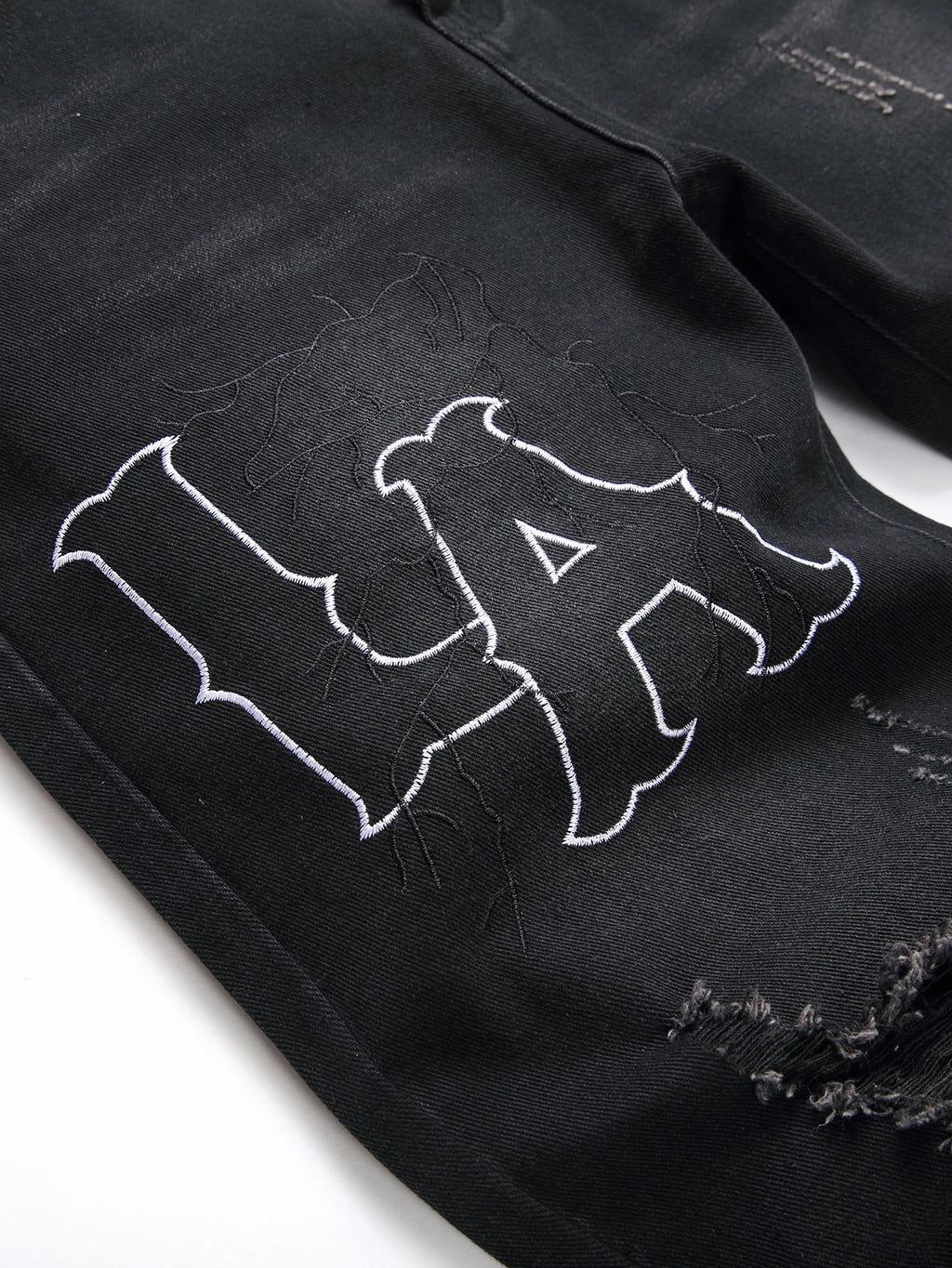 Mens Jeans Black Denim Straight Leg Comfortable Mid Waist White Embroidery Casual Streetwear Slim