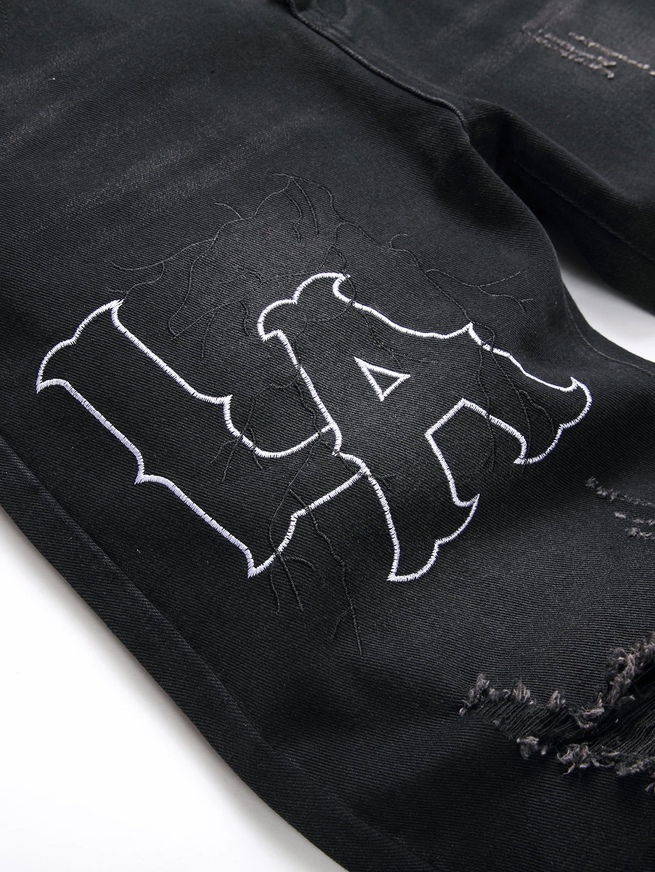 Mens Jeans Black Denim Straight Leg Comfortable Mid Waist White Embroidery Casual Streetwear Slim