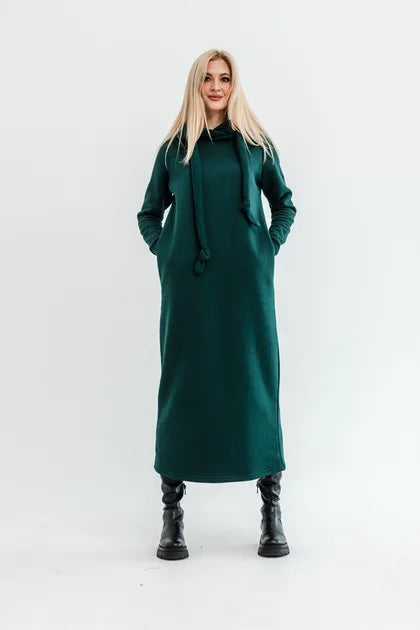 Women Fashion  New Loose Large Knitted Hooded Autumn Winter Long Dress Velvet Hoodie Dress Casual Dress Splicing Warm Dress