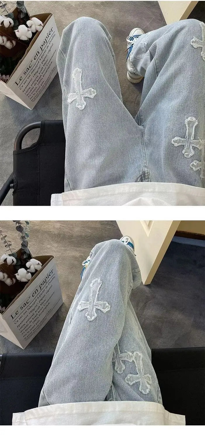 Mens Straight Loose Denim Jeans Cross Embroidery Black Blue Casual Pants