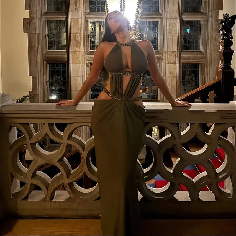 Women’s Sequin Halter Neck Sleeveless Backless Evening Maxi Dress