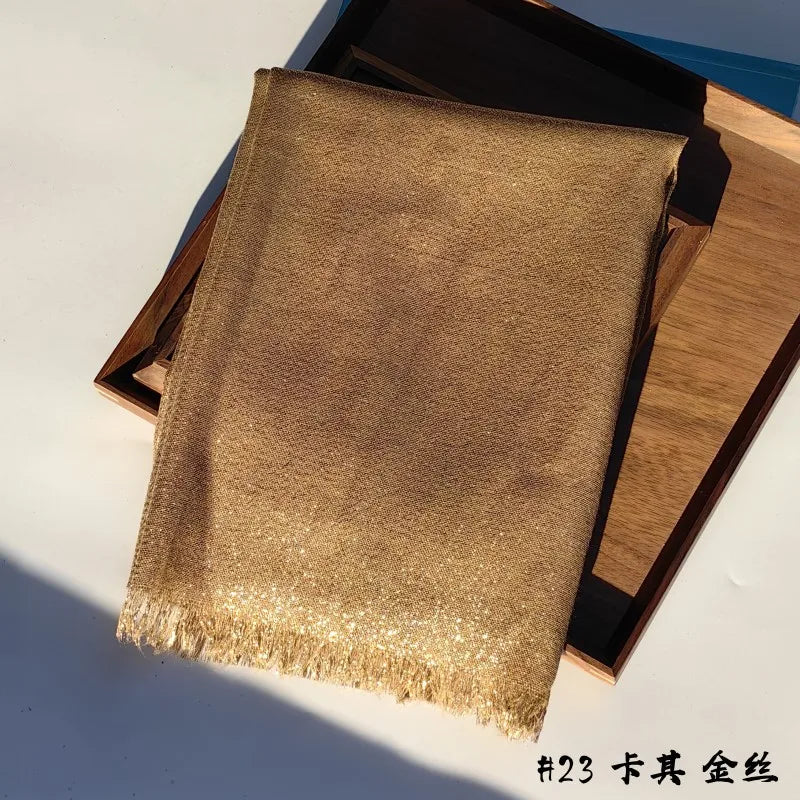 Lastest Brand Design Scarf Shiny Solid Color Shawls Rayon Fabric Gold Silk Silver Wire Head Shawl Fringe Hijab For Women